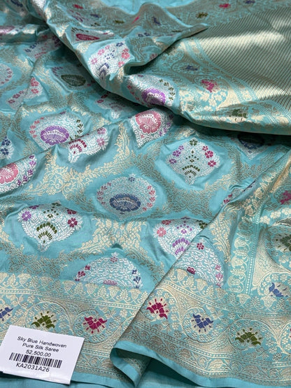 Sky Blue Handwoven Pure Banarasi Silk Saree in Kadwa Weave