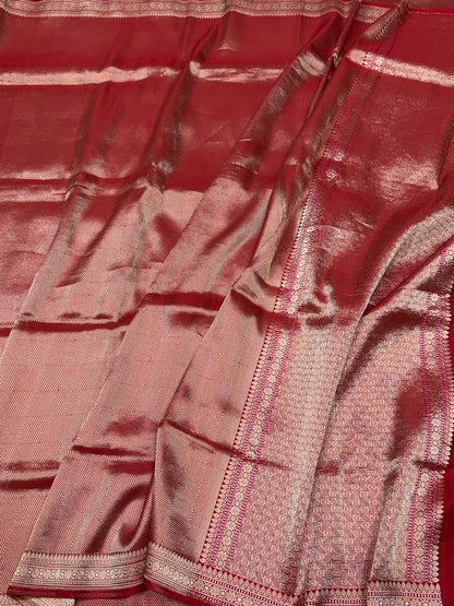 Red Handwoven Pure Banarasi Satin Silk Brocade Saree – Luxury Brocade Work