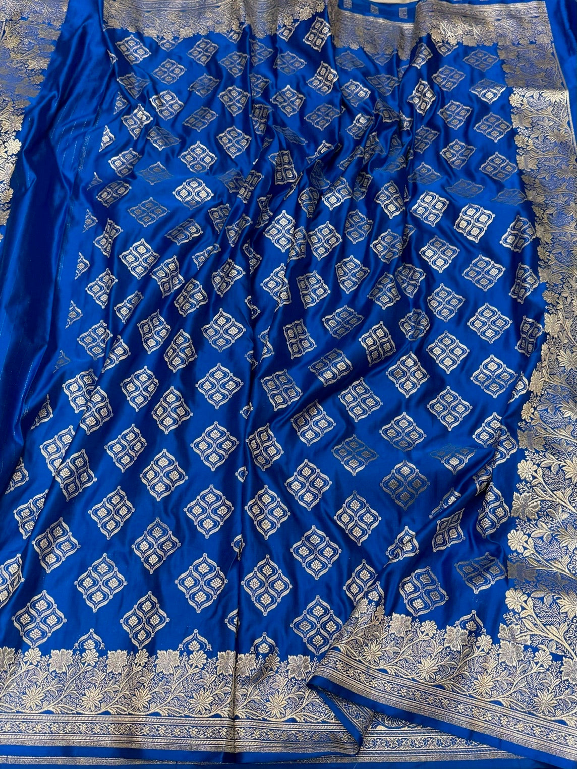 Royal Blue Vintage Banarasi Pure Satin Silk Brocade Saree – Luxury Cutwork Wedding &amp; Festive Saree