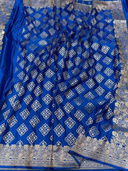Royal Blue Vintage Banarasi Pure Satin Silk Brocade Saree – Luxury Cutwork Wedding &amp; Festive Saree