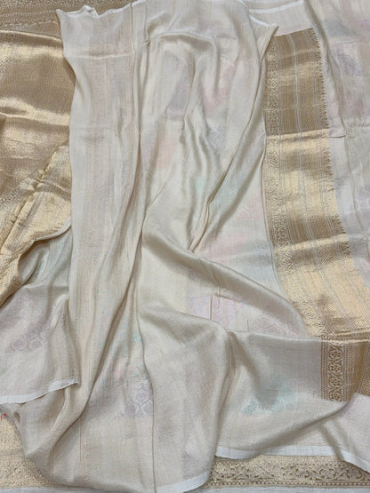 White Handwoven Banarasi Pure Tussar Georgette Saree
