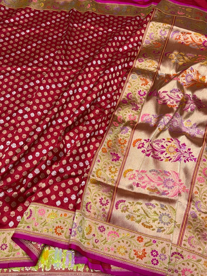 Red Handwoven Pure Banarasi Silk Saree – Kadwa Weave in 100% Katan Mulberry Silk