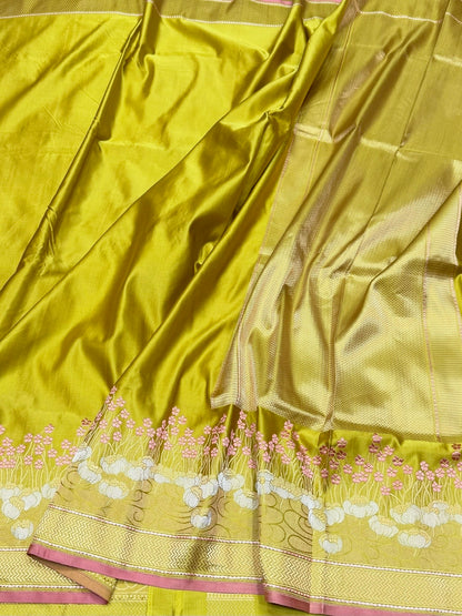 Mehndi Yellow Handwoven Pure Banarasi Satin Silk Saree – Kadwa Weave | 100% Pure Satin Silk | Authentic Banaras Handloom