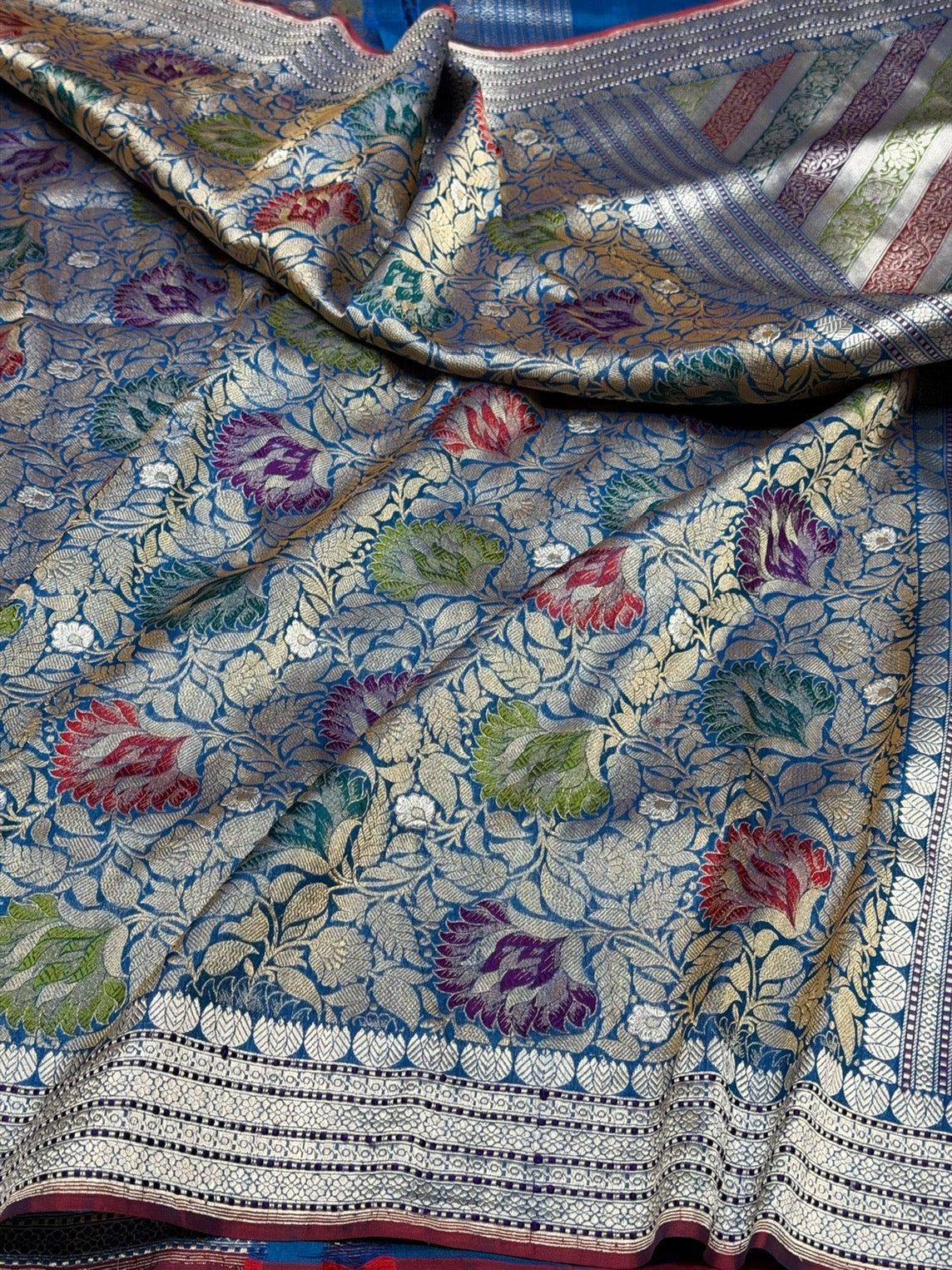 German Blue Handwoven Pure Banarasi Satin Silk Brocade Saree – Luxury Brocade Work