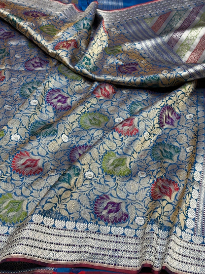 German Blue Handwoven Pure Banarasi Satin Silk Brocade Saree – Luxury Brocade Work