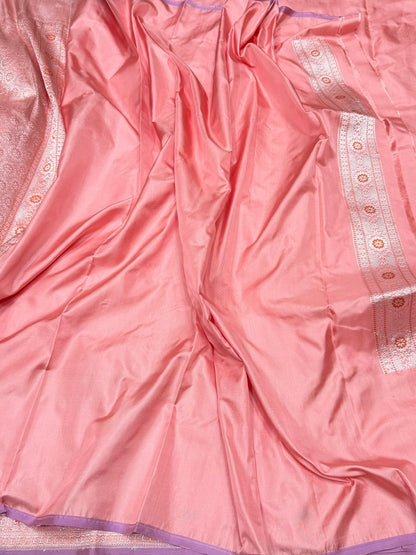 Peach Handwoven Pure Banarasi Ektara Silk Saree – Kadwa Technique | Authentic Banaras Handloom