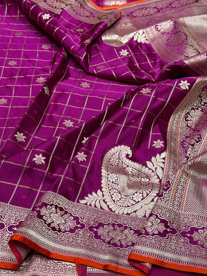 Magenta Pink Handwoven Pure Banarasi Satin Silk Saree