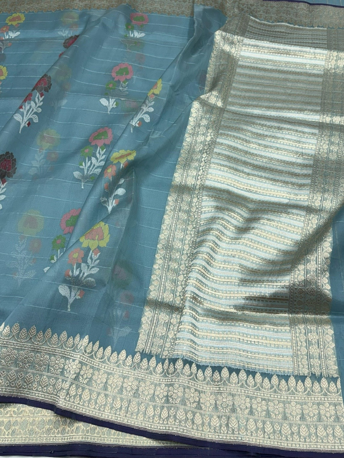 Ocean Blue Handwoven Pure Organza Jamdani Saree