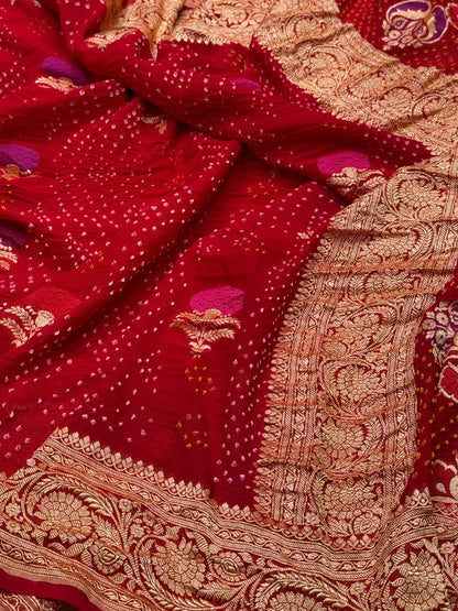 Red Banarasi Pure Bandhej Georgette Saree – Luxury Cutwork Brocade Wedding &amp; Festive Saree
