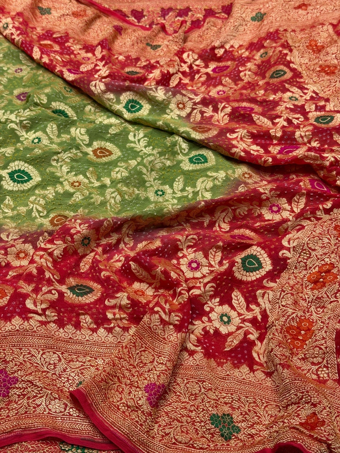 Red Banarasi Pure Bandhej Georgette Saree – Luxury Cutwork Brocade Wedding &amp; Festive Saree