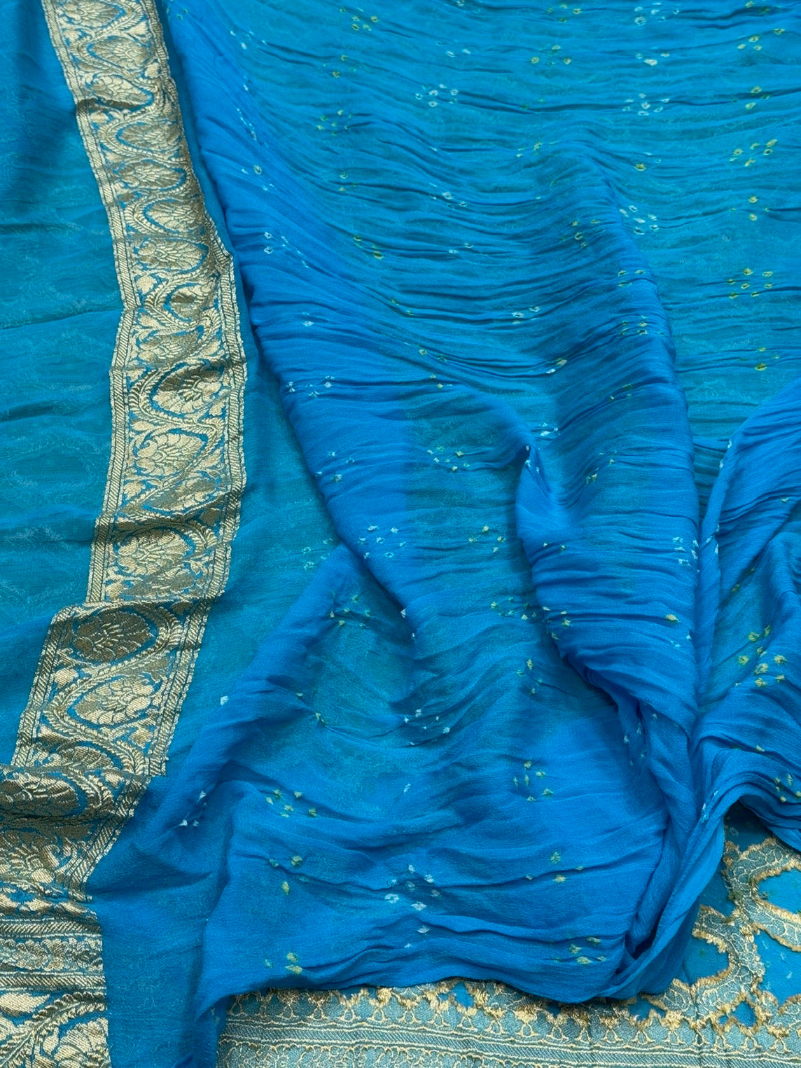 Sky Blue Banarasi Pure Bandhej Georgette Saree – Luxury Cutwork Brocade Festive Saree