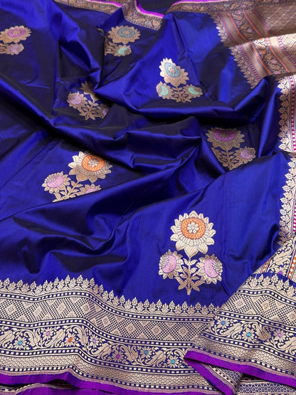 Royal Blue Handwoven Pure Banarasi Silk Kadwa Saree – 100% Pure Katan Mulberry Silk Brocade