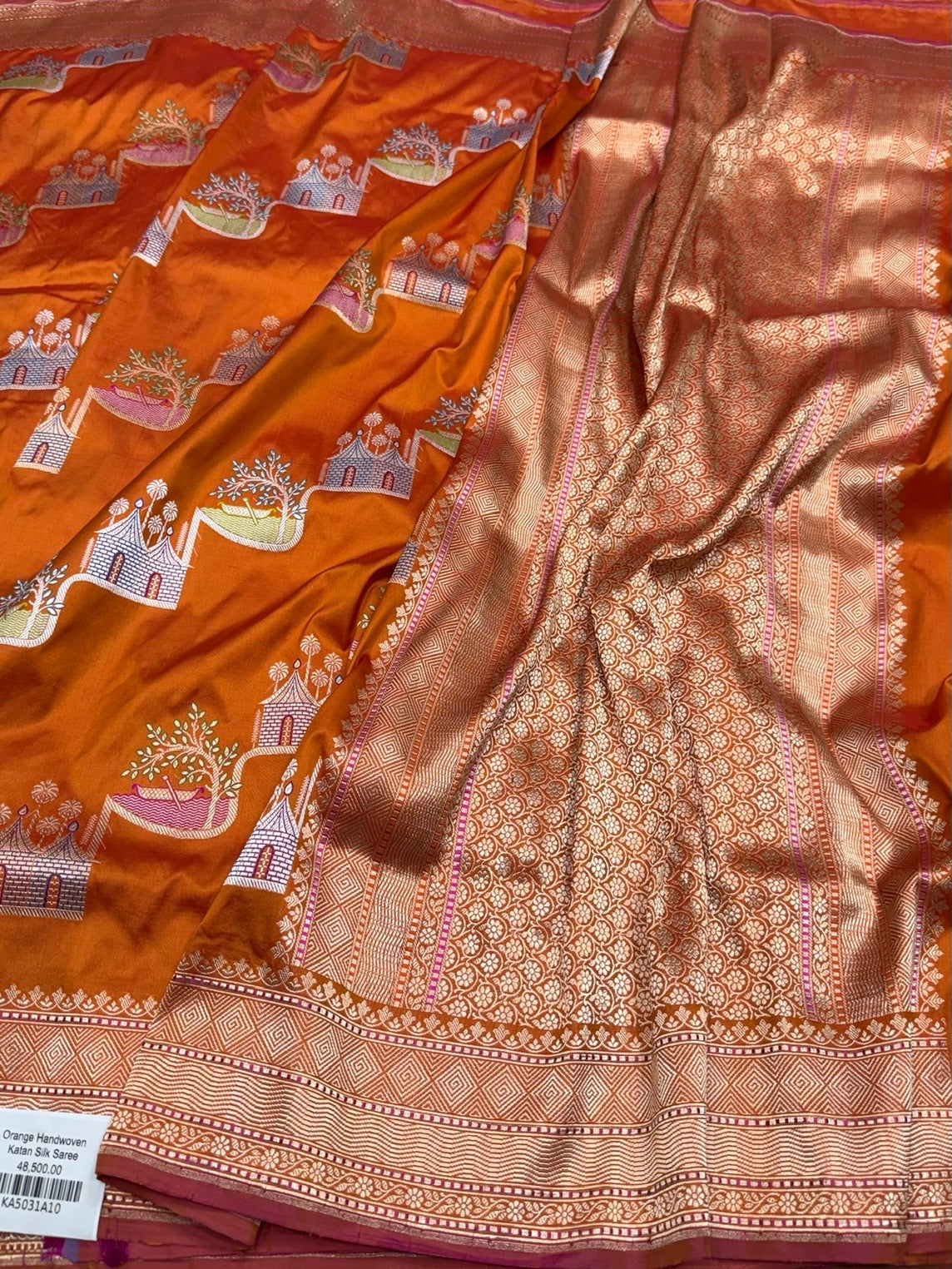 Orange Handwoven Pure Banarasi Silk Saree in Kadwa Weave