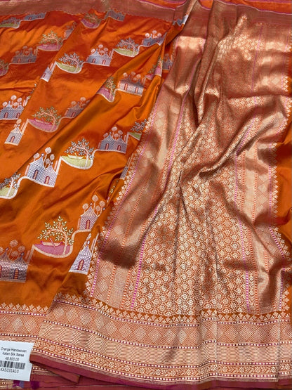 Orange Handwoven Pure Banarasi Silk Saree in Kadwa Weave