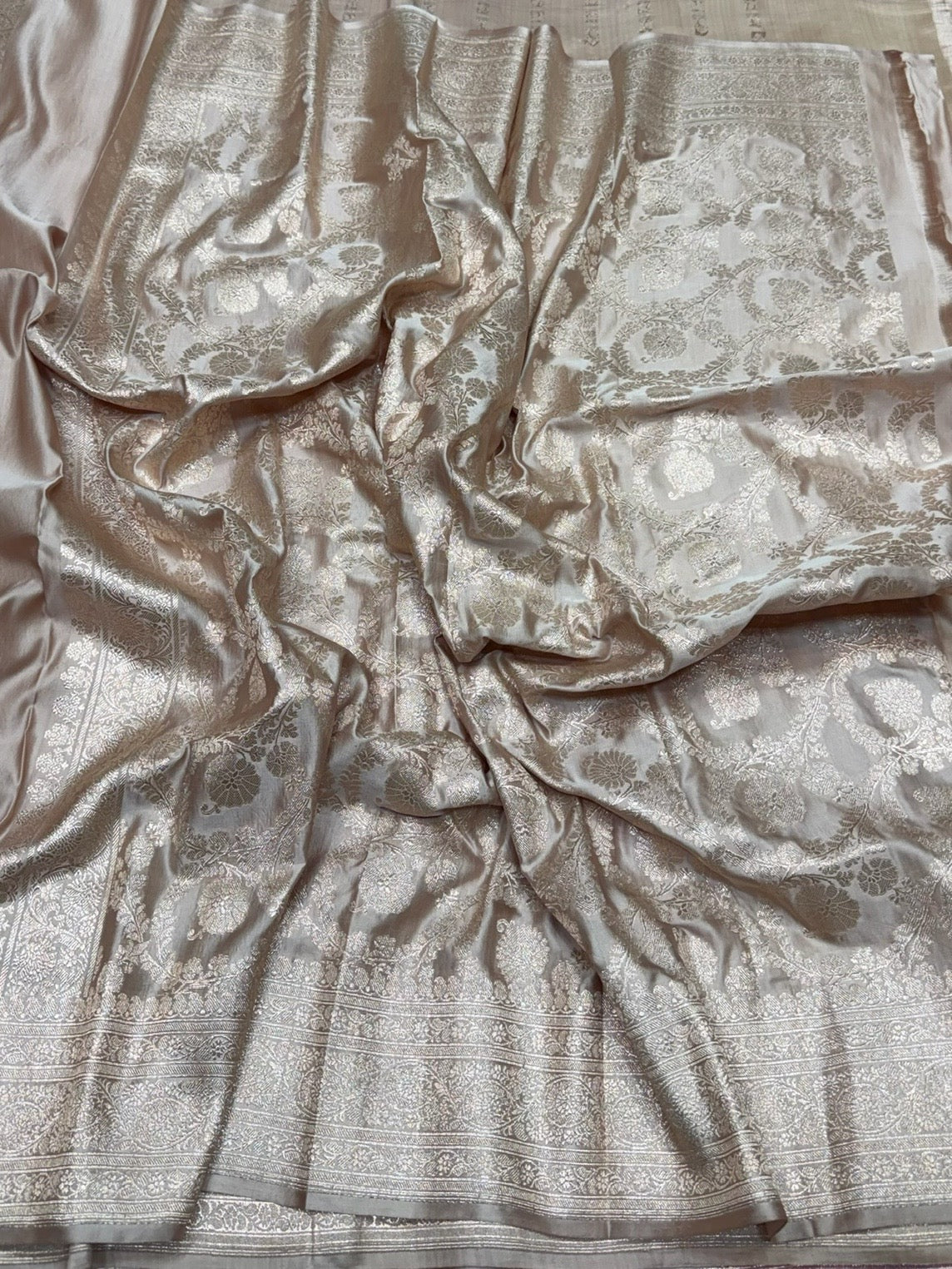 Mushroom Beige Handwoven Vintage Pure Banarasi Satin Silk Saree