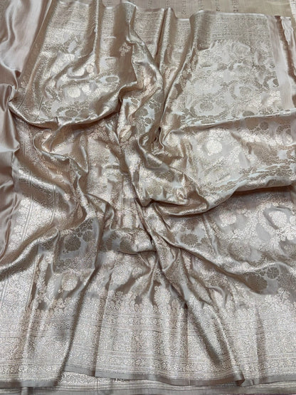 Mushroom Beige Handwoven Vintage Pure Banarasi Satin Silk Saree