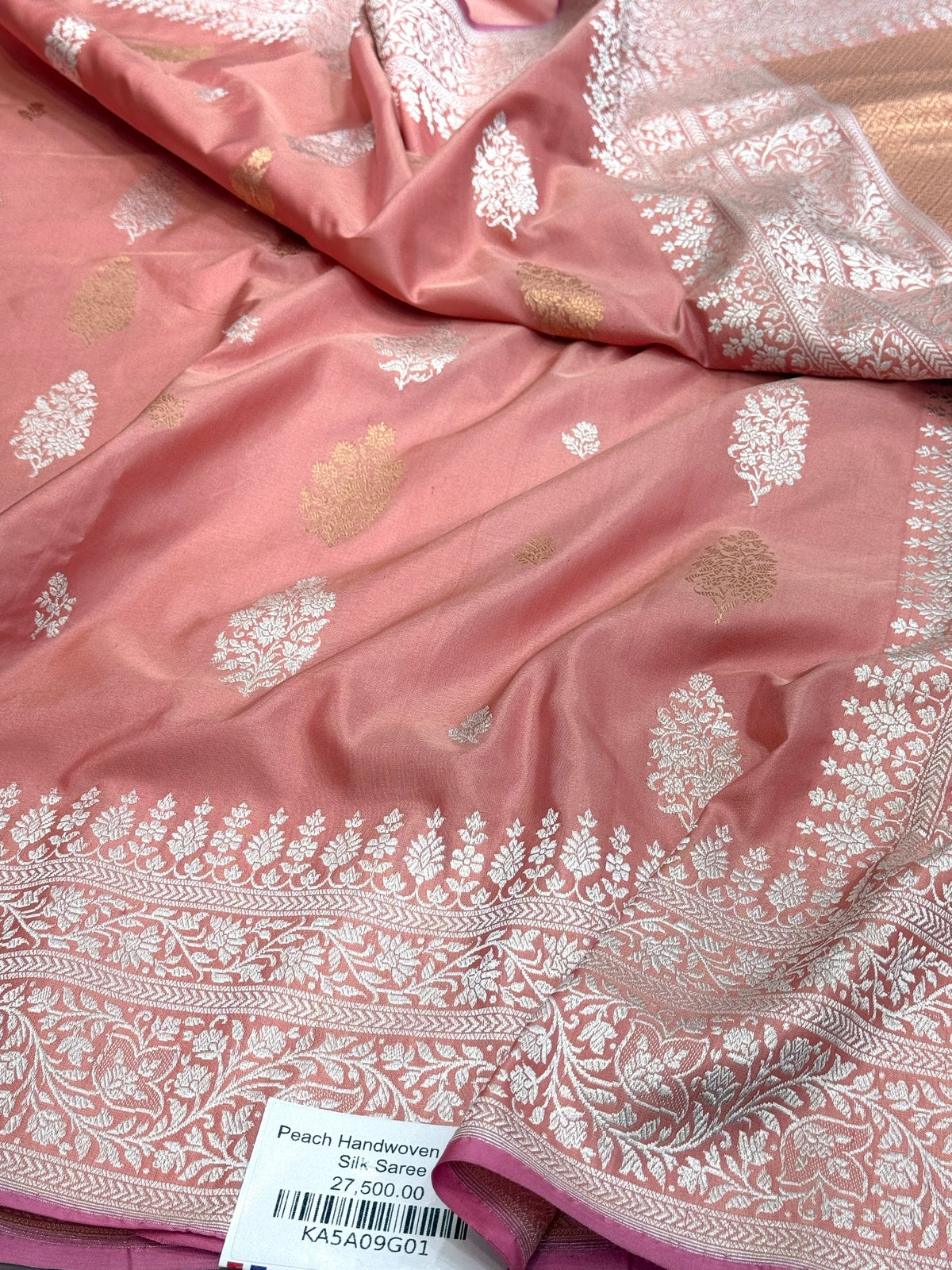Peach Handwoven Pure Banarasi Silk Saree in Kadwa Weave