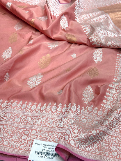 Peach Handwoven Pure Banarasi Silk Saree in Kadwa Weave