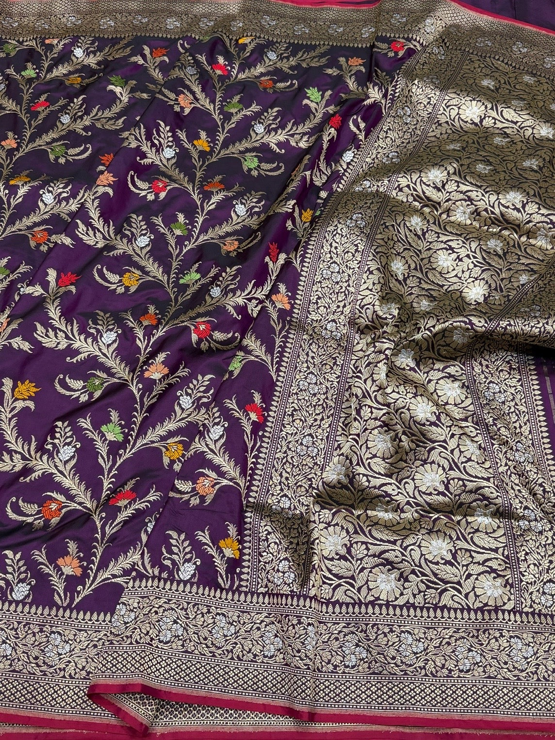 Magenta Handwoven Pure Banarasi Silk Saree – Kadwa Weave in 100% Katan Mulberry Silk