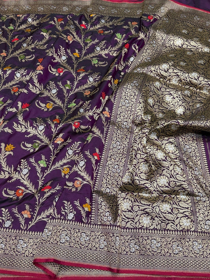 Magenta Handwoven Pure Banarasi Silk Saree – Kadwa Weave in 100% Katan Mulberry Silk