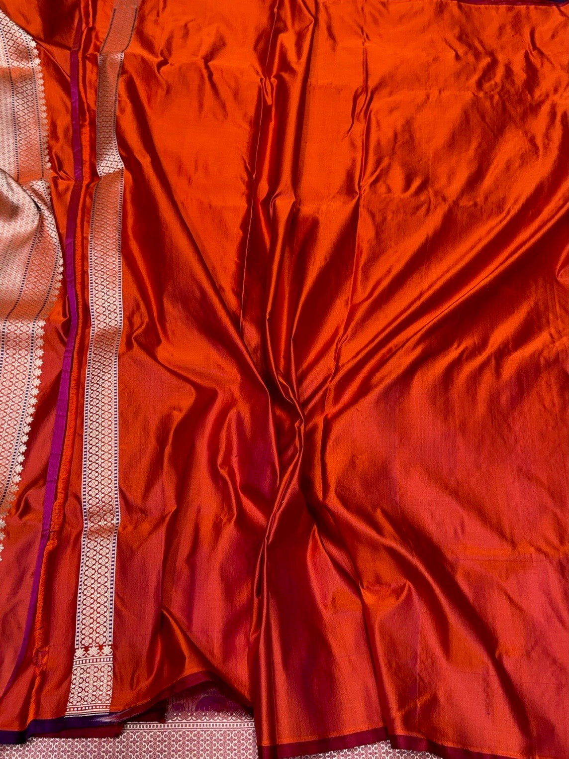 Orange Handwoven Pure Banarasi Satin Silk Saree – Kadwa Weave in 100% Satin Silk