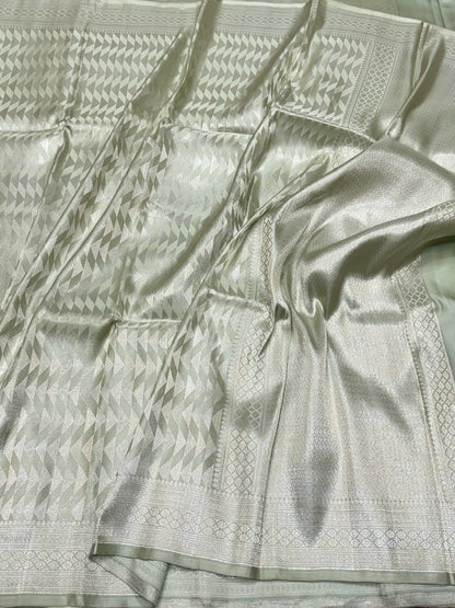 Mint Green Handwoven Pure Banarasi Satin Tanchoi Silk Saree – Cutwork Weave | Pure Satin Silk | Pastel Banarasi Elegance