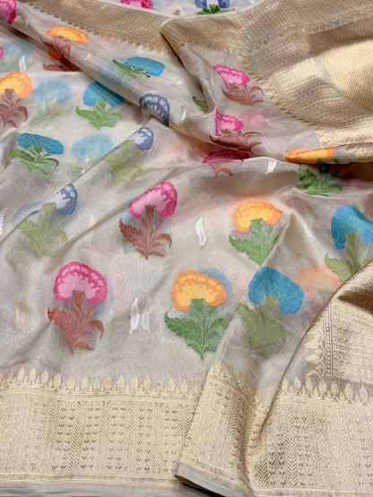 Ivory Handwoven Pure Banarasi Ektara Tissue Saree | Lightweight Kadwa Katan Silk