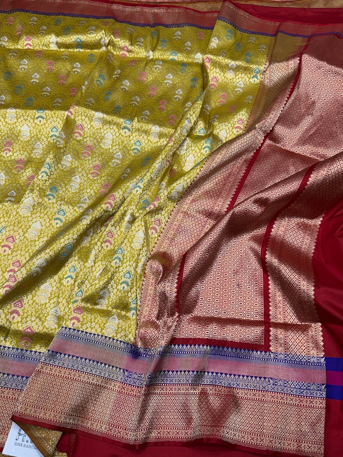 Yellow Handwoven Banarasi Pure Silk Brocade Saree with Red Satin Border – Luxurious Katan Silk