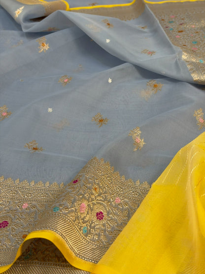 Bluish Grey Handwoven Pure Organza Silk Saree