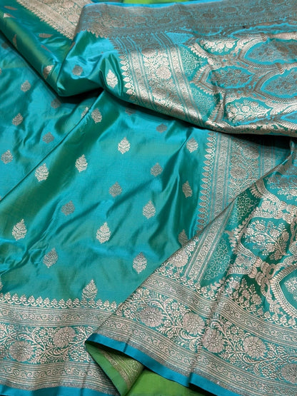 Sea Green Handwoven Maharani Pallu Banarasi Satin Silk Saree