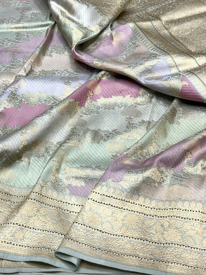 Powder Blue Handwoven Pure Banarasi Rangkaat Silk Saree