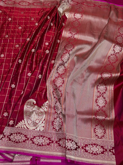 Ruby Red Handwoven Pure Banarasi Satin Silk Saree