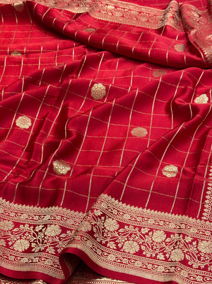 Red Handwoven Pure Mashru Banarasi Satin Silk Saree
