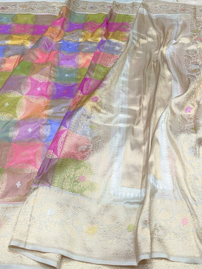 Ivory Handwoven Pure Banarasi Rangkaat Silk Saree – Pure Katan Silk