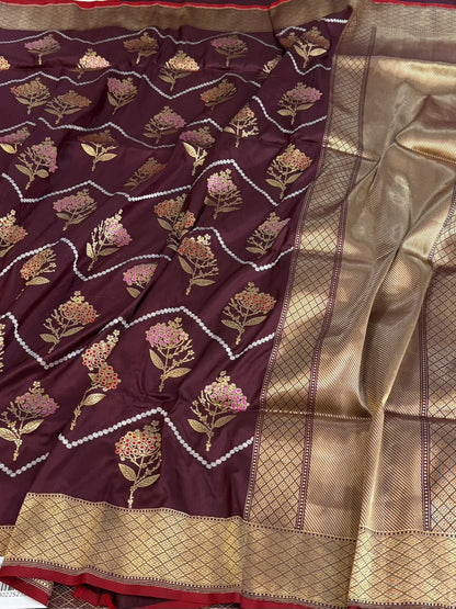 Wine Handwoven Pure Banarasi Katan Silk Saree