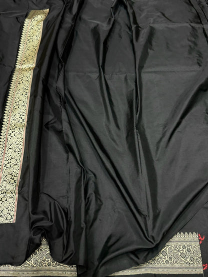 Black Handwoven Pure Banarasi Silk Saree – Kadwa Weave in 100% Katan Mulberry Silk
