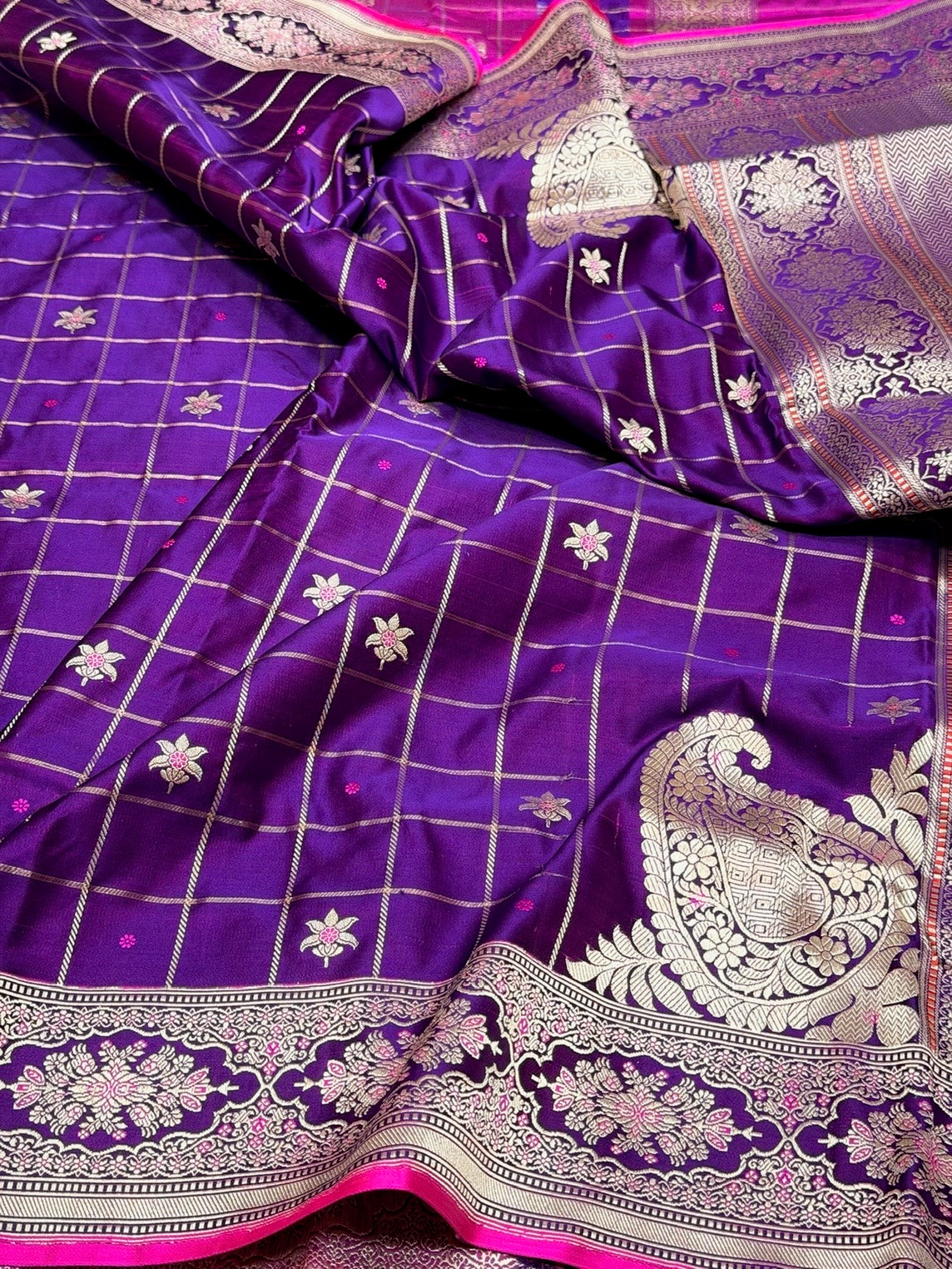 Purple Handwoven Pure Banarasi Satin Silk Saree – Kadwa Weave | 100% Pure Satin Silk | Authentic Banaras Handloom