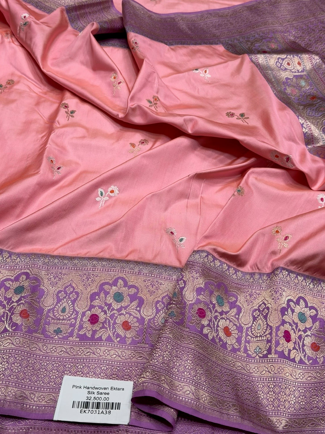 Peach Handwoven Pure Banarasi Ektara Silk Saree – Kadwa Iktara Weave, Pure Mulberry Silk