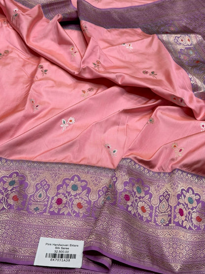Peach Handwoven Pure Banarasi Ektara Silk Saree – Kadwa Iktara Weave, Pure Mulberry Silk