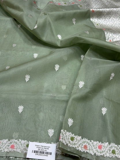 Pista Green Handwoven Pure Banarasi Organza Silk Saree