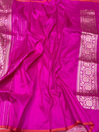 Rani Pink Handwoven Pure Banarasi Silk Saree in Kadwa Weave | Authentic Katan Mulberry Silk