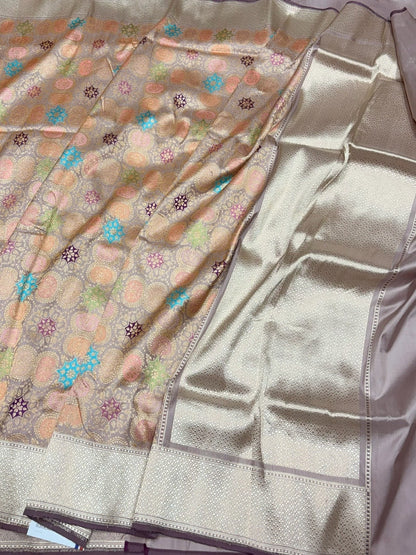 Mauve Handwoven Pure Banarasi Satin Silk Brocade Saree – Luxury Brocade Work