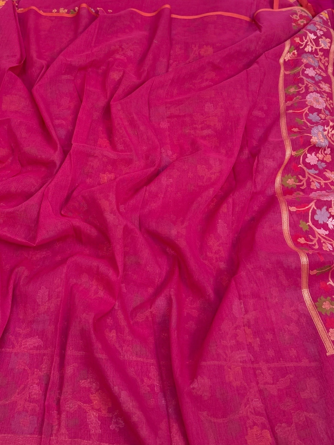 Rani Pink Pure Muslin Cotton Jamdani Saree