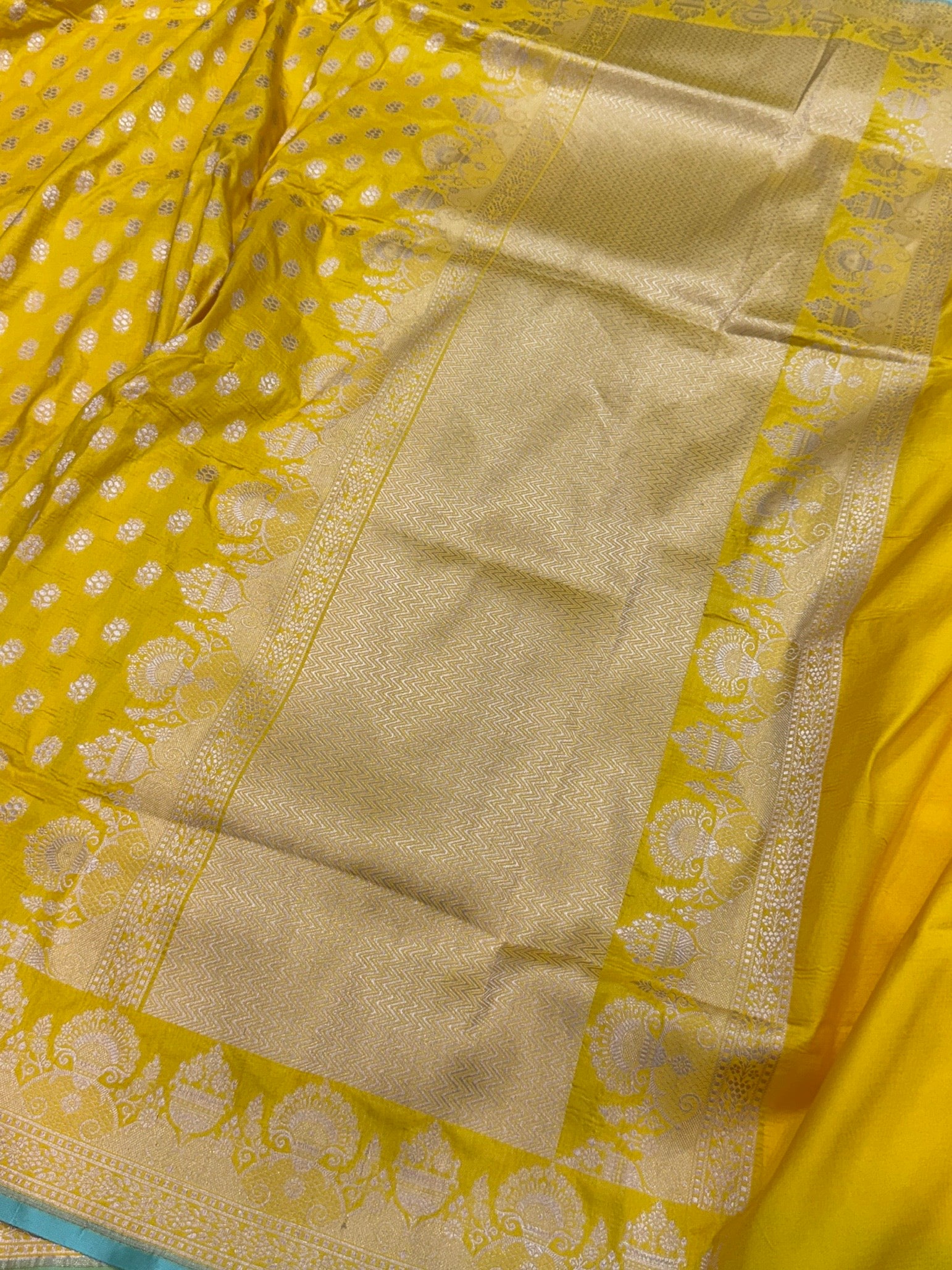 Yellow Pure Banarasi Silk Saree in Cutwork Weave – Katan Silk Elegance