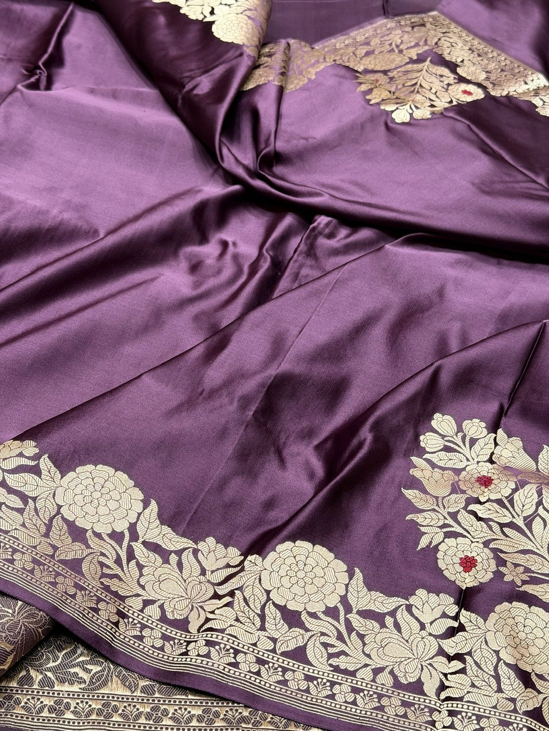 Wine Handwoven Pure Mashru Banarasi Satin Silk Saree