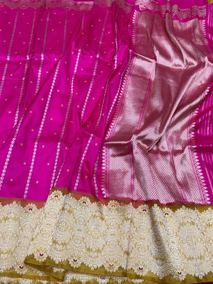 Rani Pink Handwoven Pure Banarasi Silk Saree in Kadwa Weave – Katan Silk with Skirt Pattern Design