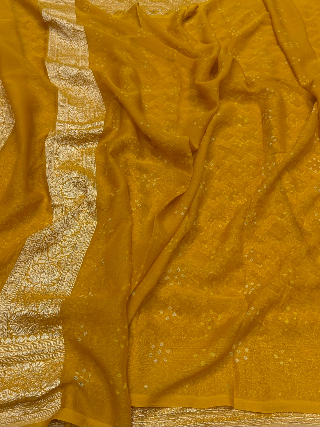 Mustard Yellow Banarasi Pure Bandhej Georgette Saree – Luxury Cutwork Brocade Festive Saree
