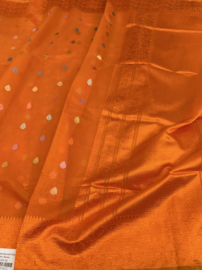 Orange Handwoven Pure Banarasi Cotton Saree