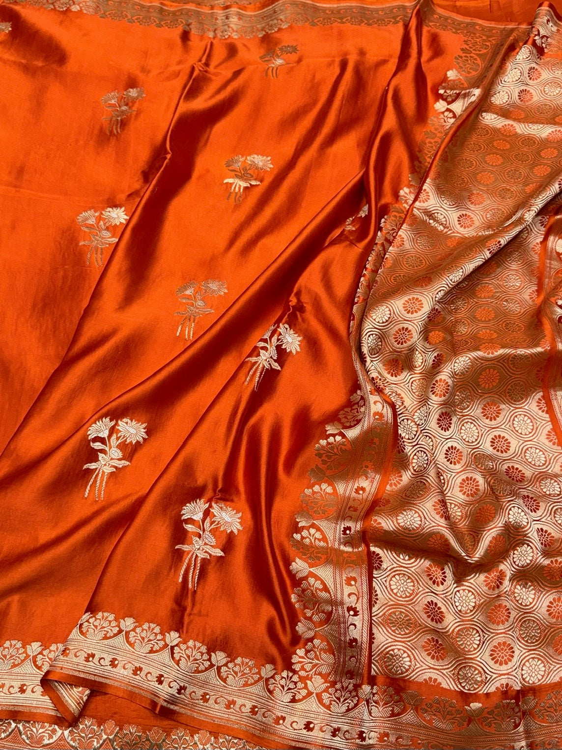 Orange Handwoven Pure Mashru Banarasi Satin Silk Saree