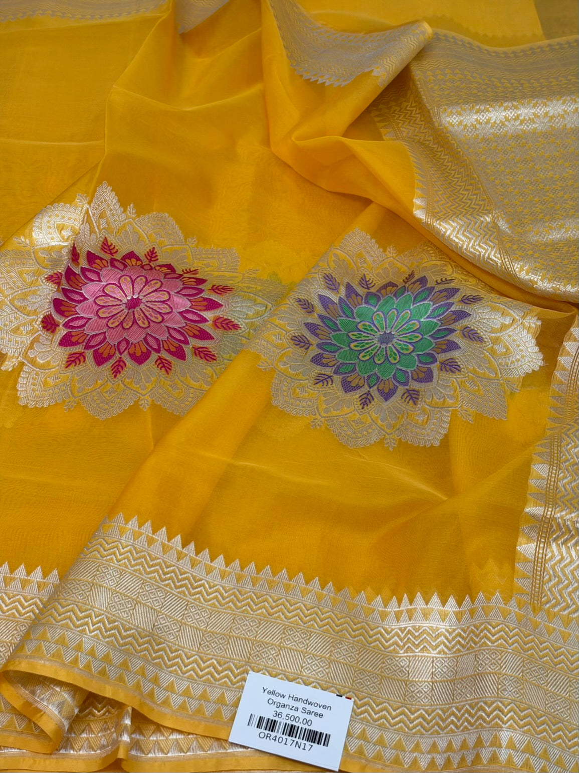 Yellow Handwoven Pure Banarasi Organza Silk Saree